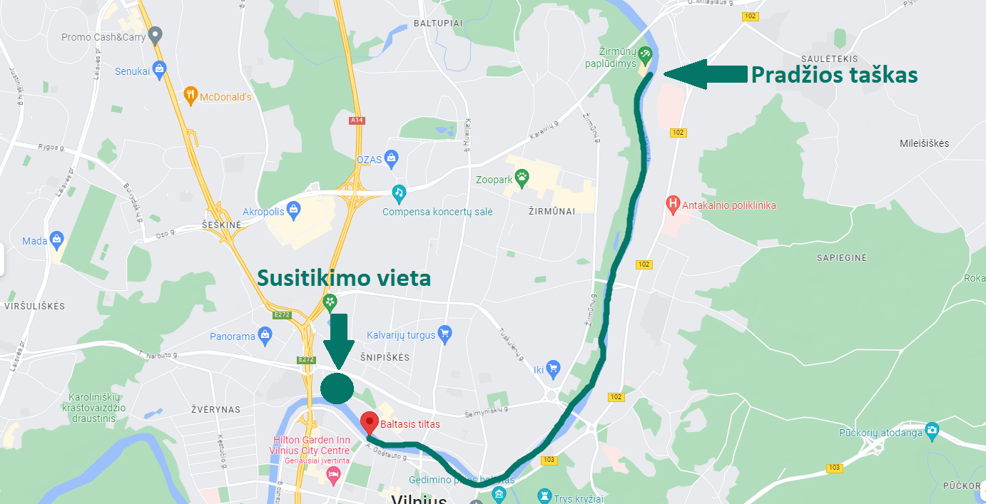 Vaizduojamas Žirmūnų paplūdimio - Baltojo tilto maršrutas žemėlapyje