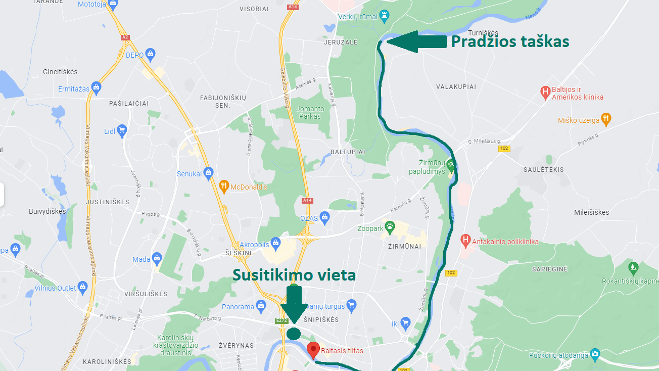 Vaizduojamas Verkių malūno - baltojo tilto maršrutas žemėlapyje